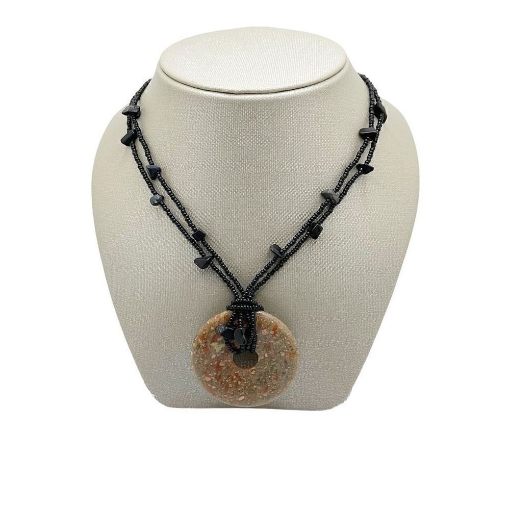 Unakite Necklace Green Tan Pink Natural Stone Donut Pendant Black Beaded Chain